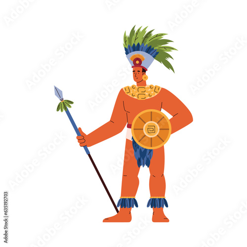 Maya civilization warrior with shield and spear, flat vector illustration isolated on white background.
