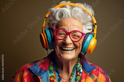 happy elderly woman with wireless headphones.