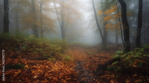 Morning fog in the autumn forest. Fall. Fall forest. Forest landscape. Autumn nature. Sunshine
