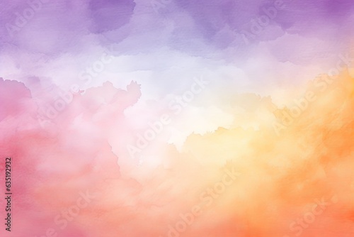 Vivid abstract watercolor background depicting a mesmerizing sunset sky, seamlessly blending hues of radiant orange and deep purple, capturing the ethereal beauty of dusk.