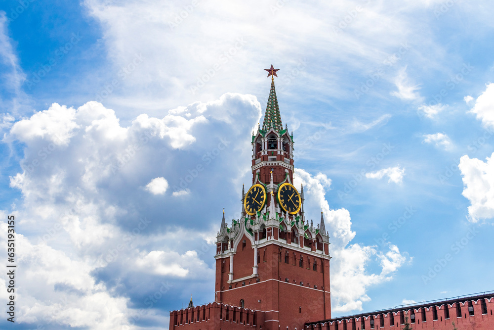 Moscow, Russia - 07.30.2023 - Shot of the main chimes of the Kremlin. Landmark Moscow, Russia - 07.30.2023 - Shot of the main chimes of the Kremlin. Landmark