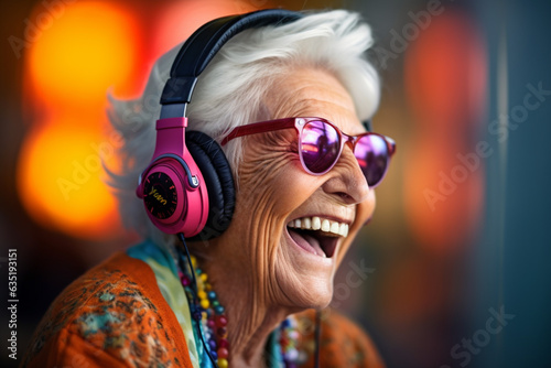 happy elderly woman with wireless headphones.