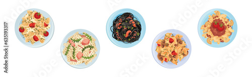 Different Pasta Dish as Italian Cuisine for Restaurant Menu Served on Plate Vector Set