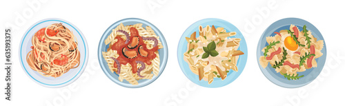 Different Pasta Dish as Italian Cuisine for Restaurant Menu Served on Plate Vector Set