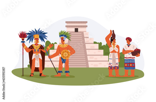 Maya tribal leader, warrior with weapon and women in traditional ethnic clothes near the pyramid vector illustration