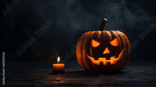 Carved Lit Pumpkin or Jack-O-Lantern with Candle Next to It on Matte Black Background with Witchy Aesthetic - Halloween and Spooky Season Theme - Generative AI
