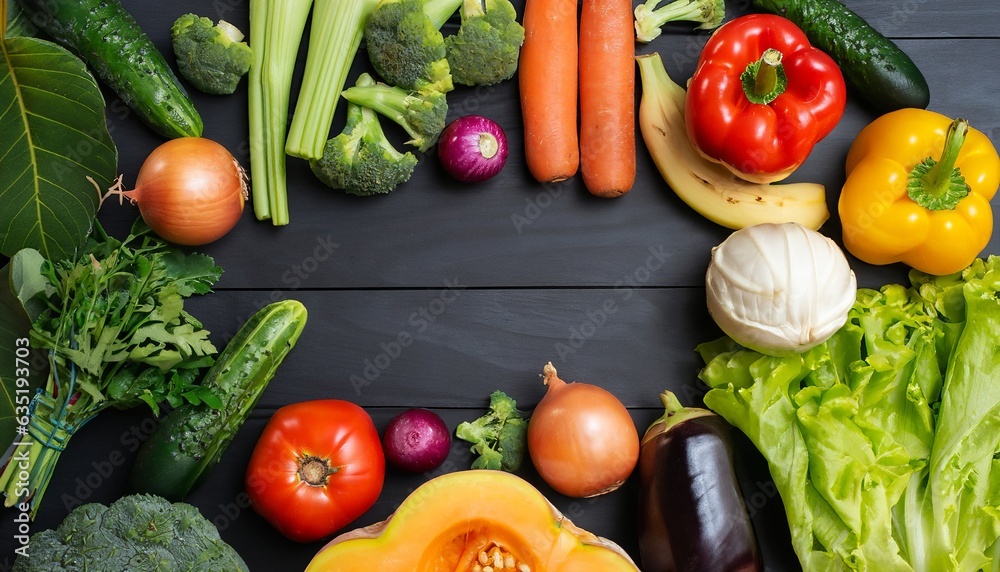 Top view of vegetables on the black wooden background, Concept of fresh fruits and vegetables, World Vegetarian Day, Generative AI Top view of vegetables on the black wooden background, Concept of fresh fruits and vegetables, World Vegetarian Day, Generative AI
