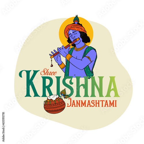 Janmashtami festival vector with Lord Krishna playing flute vector illustration background, banner, digital post, poster, and card design
