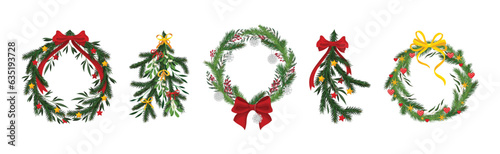 Green Christmas Fir and Pine Wreath and Branch with Ribbon Bow Vector Set