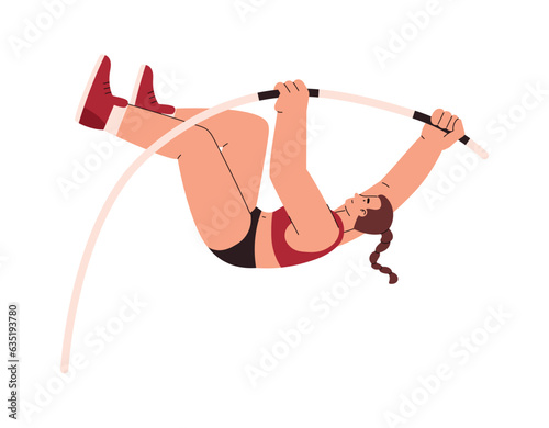 Pole vault athletic vector flat isolated illustration, cartoon woman pole vaulter performs a jump, Sport competition