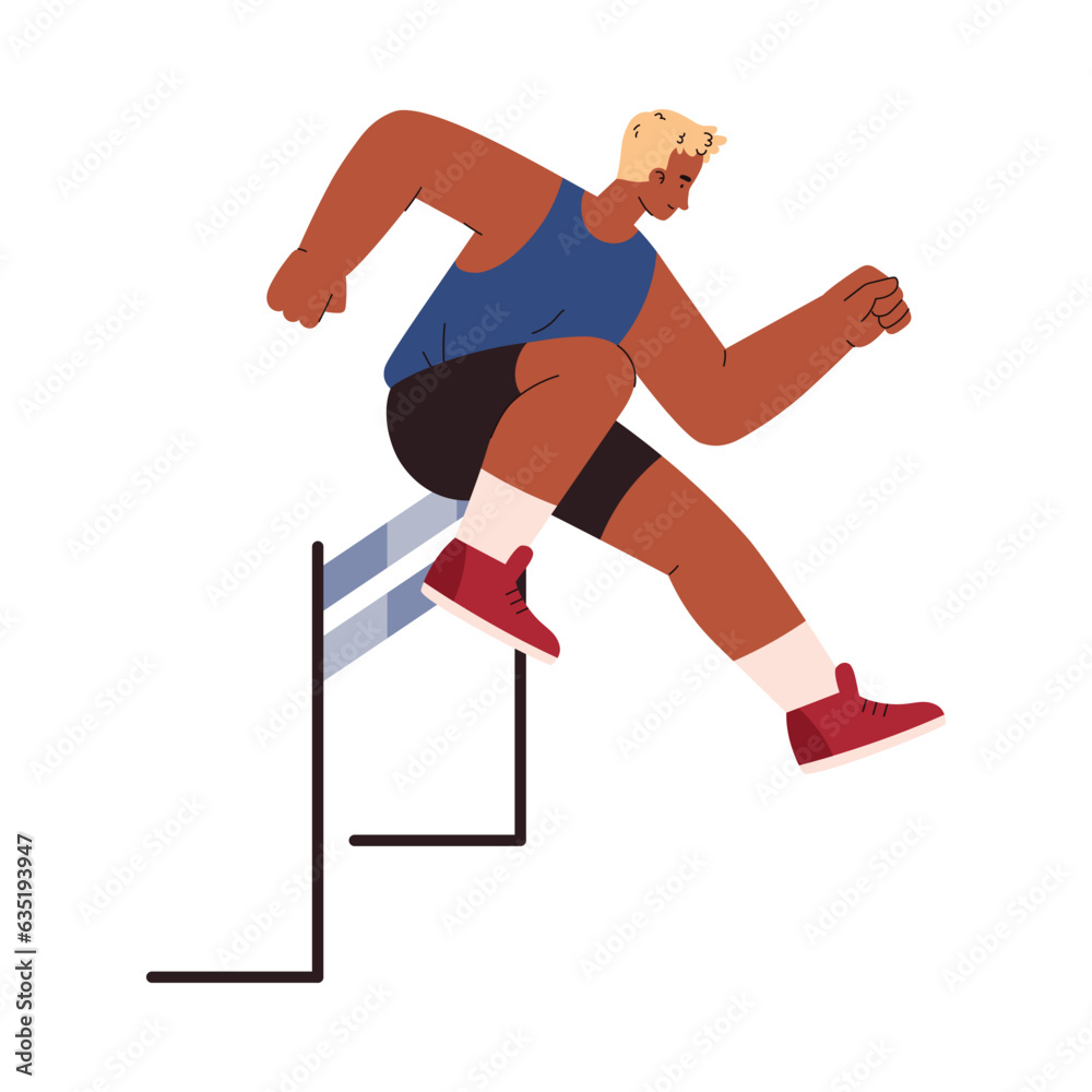 Obraz premium Athletic man jumping high over bar, flat vector illustration isolated on white background.
