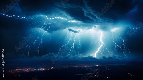 Powerful thunderstorm with rain and lightning strikes against a dark cloudy sky at night. Over a city, causing power outs and floods.