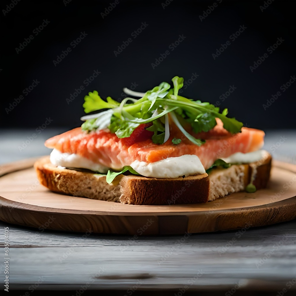 Toast with salmon and lettuce on a neutral background created and generated by AI Toast with salmon and lettuce on a neutral background created and generated by AI
