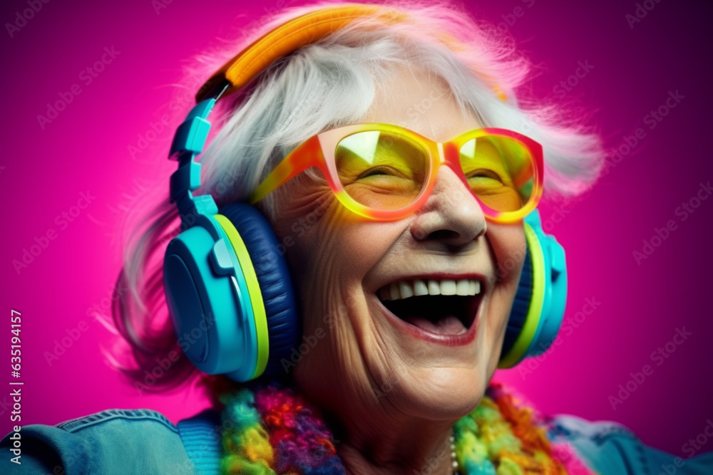 happy elderly woman with wireless headphones.generative ai