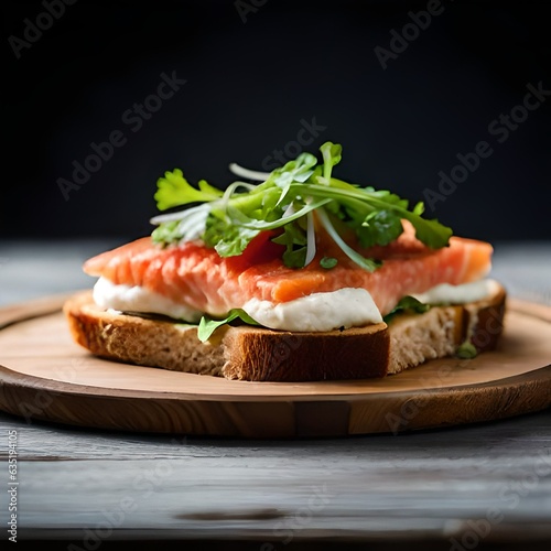 Toast with salmon and lettuce on a neutral background created and generated by AI