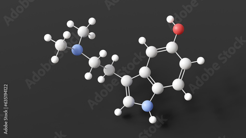 bufotenin molecule, molecular structure, tryptamine derivative, ball and stick 3d model, structural chemical formula with colored atoms photo