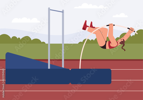 Woman jumping with pole over bar, flat vector illustration.