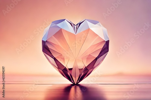 Crystal heart on a purple pink background with copy space  banner  flat lay  top view. Generative AI