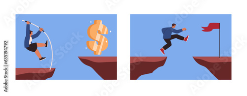 Business challenge, success strategy, risk concept, business woman and man jumping to achieve financial high results over the cliff. Big golden dollar vector illustration