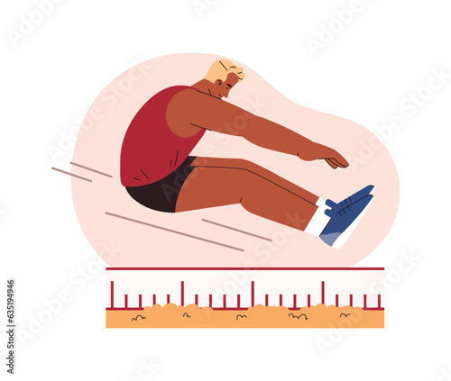 Long jump athlete in motion vector illustration, sport competition, black man in flight, sand pit with measuring scale
