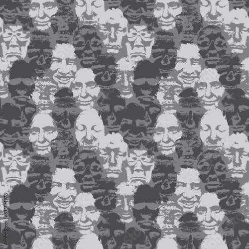 vector seamless pattern with scary male and female human faces head on a black background in grunge style. Wallpaper, wrapping paper or fabric design