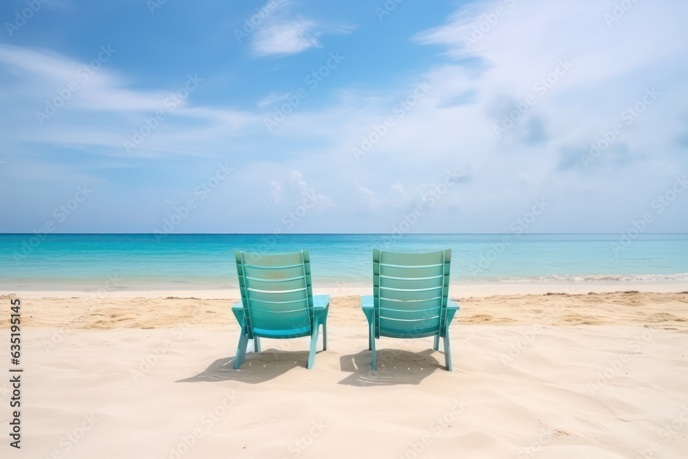 Beautiful beach. Chairs on the sandy beach near the sea