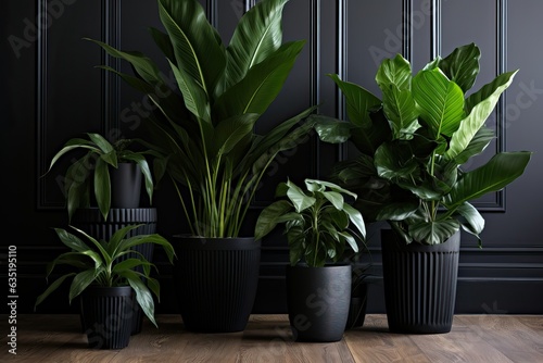 Modern  stylish home interior with black indoor planters. Houseplants in monochrome black minimal Plant Pots