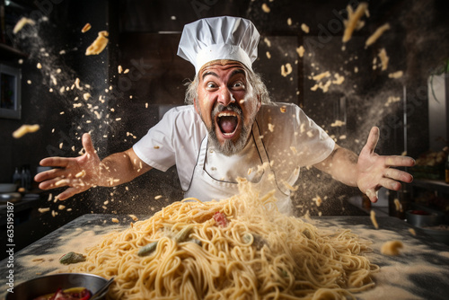 Crazy cheerful chef cooks pasta. AI generated.