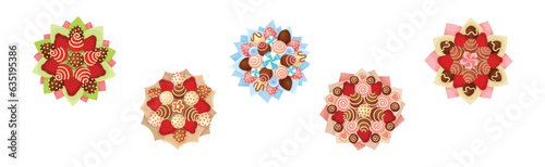Bouquet of Sweets and Strawberry Wrapped in Paper View from Above Vector Set