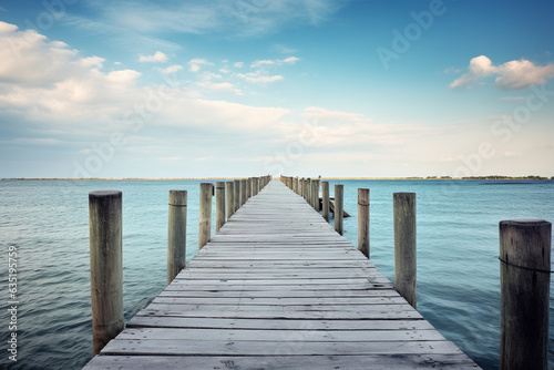 The wooden jetty leads far out to sea. AI generated. © serperm73