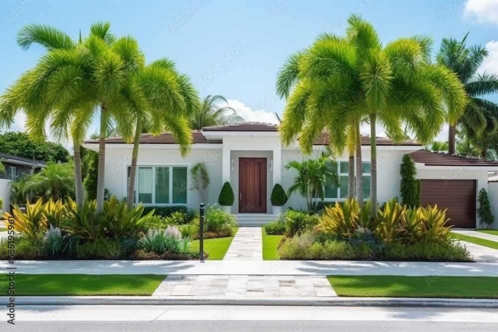 Fototapeta premium Facade of a one-story country house with a palm garden in front of it. AI generated.