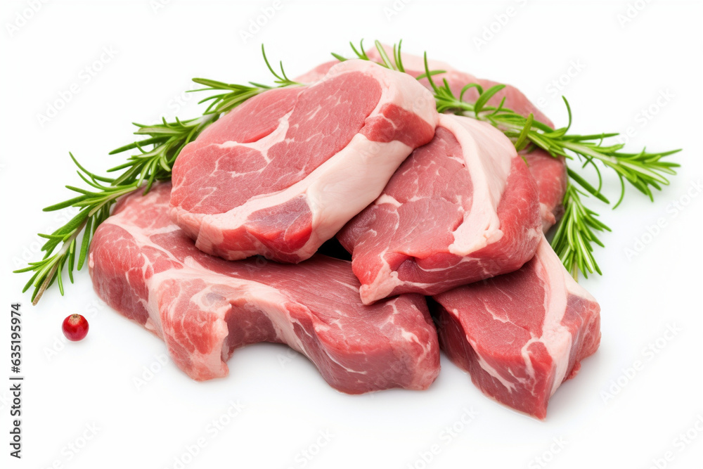 Part of lamb neck, meat, isolated on white background with spices. OR generated. Part of lamb neck, meat, isolated on white background with spices. OR generated.
