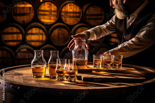 The winemaker is tasting the whiskey. Hands of a man and a glass of whiskey against the background of wooden oak barrels. AI generated.