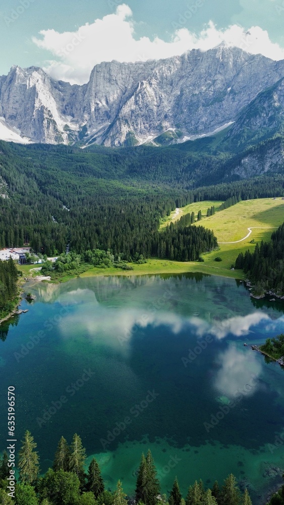 drone photo Lake Fusine Superiore, Lago di Fusine Superiore italy europe	