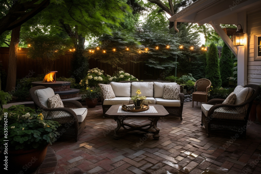 Fototapeta premium A cozy courtyard with a patio area, a country house, a villa. Soft sofas and armchairs in the yard.