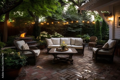 A cozy courtyard with a patio area, a country house, a villa. Soft sofas and armchairs in the yard.