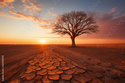 tree in desert. Drought and heat wave.