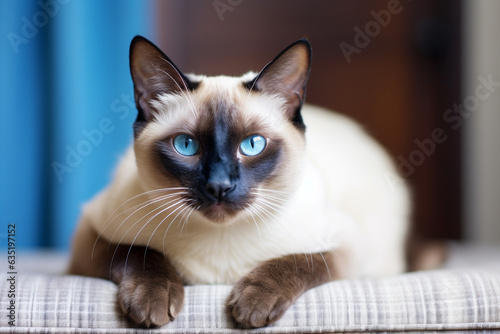 Portrait of a Thai or Siamese cat with blue eyes.