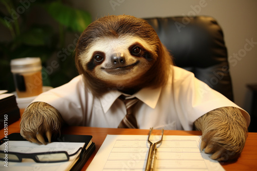 The sloth works with financial documents sitting at the table in the office.