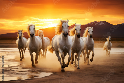A herd of white horses runs at sunset along the seashore.