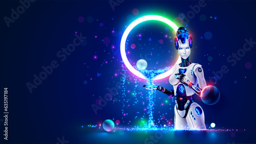 AI robot woman with artificial intelligence analysis flow big data. Cyborg woman contemplative stream of datum in image waterfall of lights particles. Machine learning concept. Neural network training