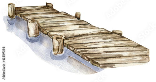 Watercolor hand drawn pier on the lake . Watercolor illustration. Perfect for wedding invitation, greetings card, posters.