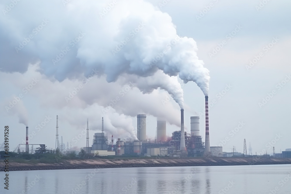 Air pollution concept, smog over the city. Smoking chimneys of a factory.