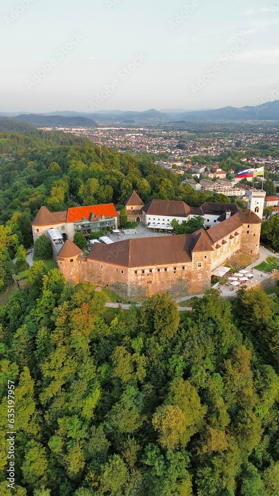 drone photo Ljubljana castle, Ljubljanski grad Ljubljana Slovenia europe