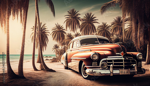 A vintage car in the style of the 1960s stands under palm trees on the seashore. Vintage color toning illustration. AI generative. © serperm73