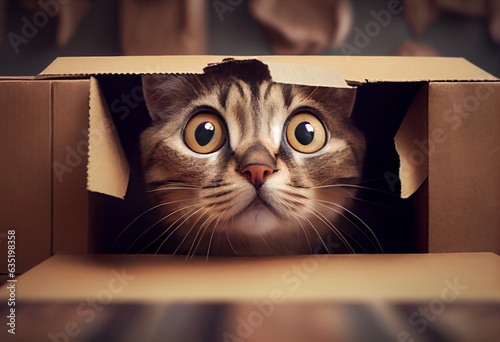 A frightened or curious kitten peeks out of a cardboard box. AI generated.