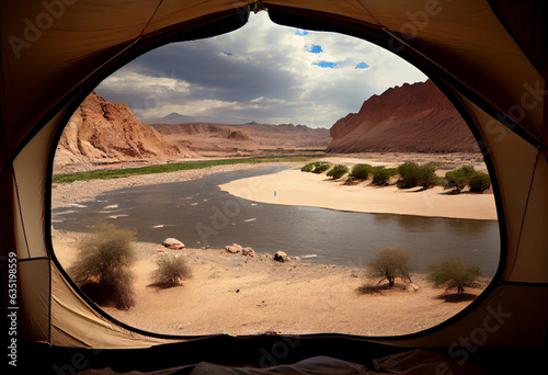 View from the tourist tent, tourist's point of view. Beach and river shore. AI generated.
