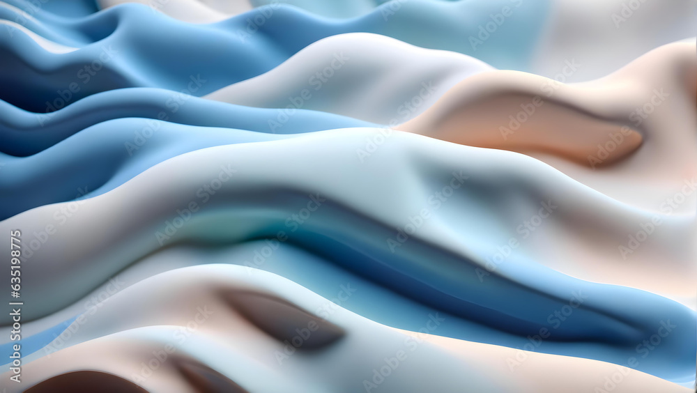 blue and cream liquid silk waves and shapes background, luxurious satin fabric wallpaper, 3D render beauty banner