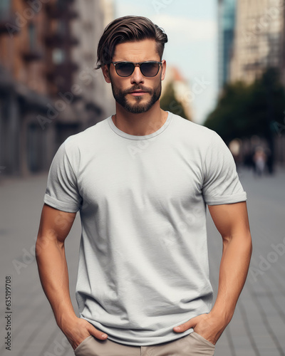 Young man wearing blank gray t-shirt and sunglass. Model t-shirt mockup. Blur background. Print presentation mockup