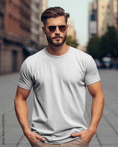 Young man wearing blank gray t-shirt and sunglass. Model t-shirt mockup. Blur background.